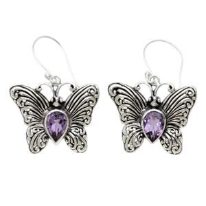 Butterfly Amethyst Earrings- Hook Drop Silver Plated - Nickel-Free Fashion
